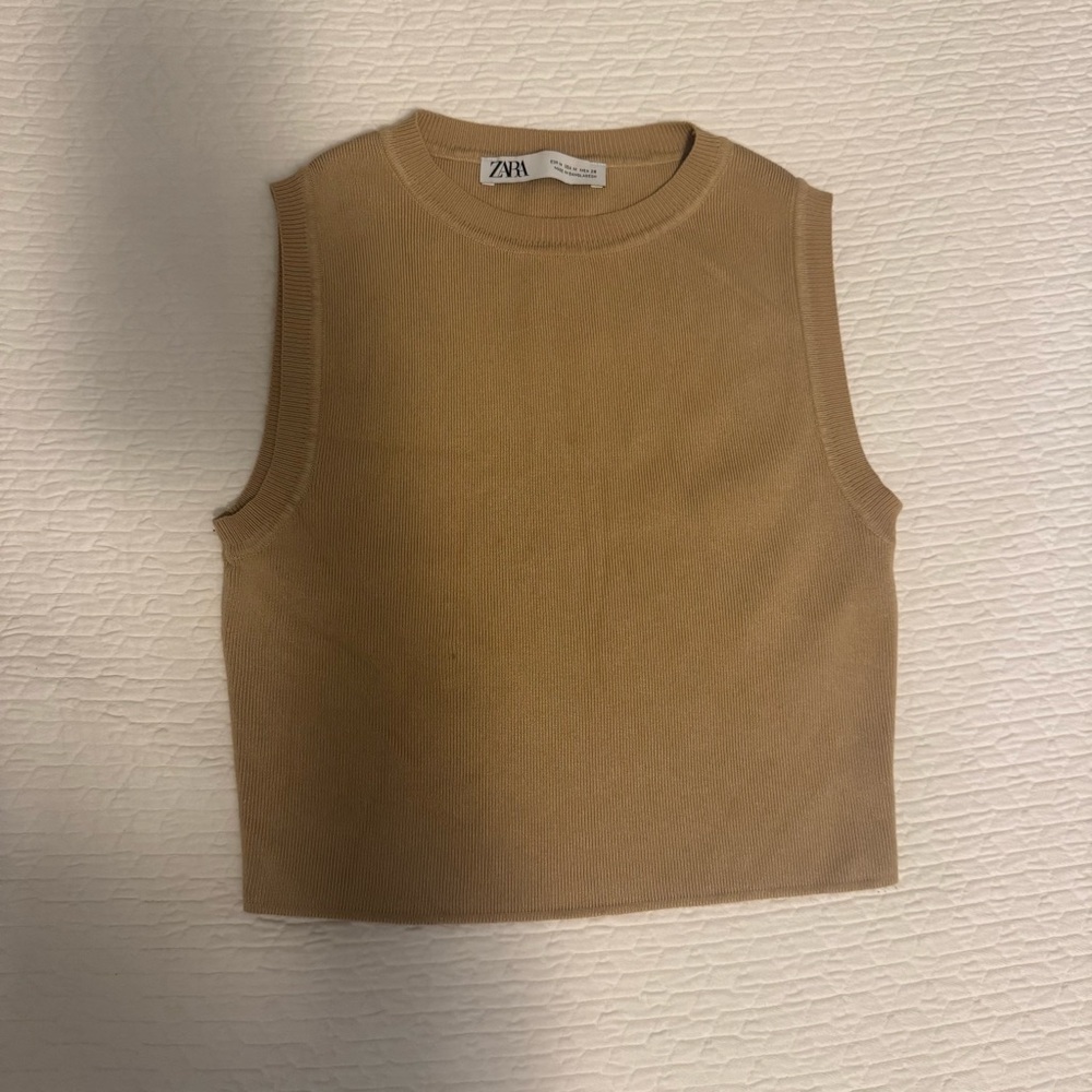 Zara Camel Knit Crewneck Cropped Top - Size Medium